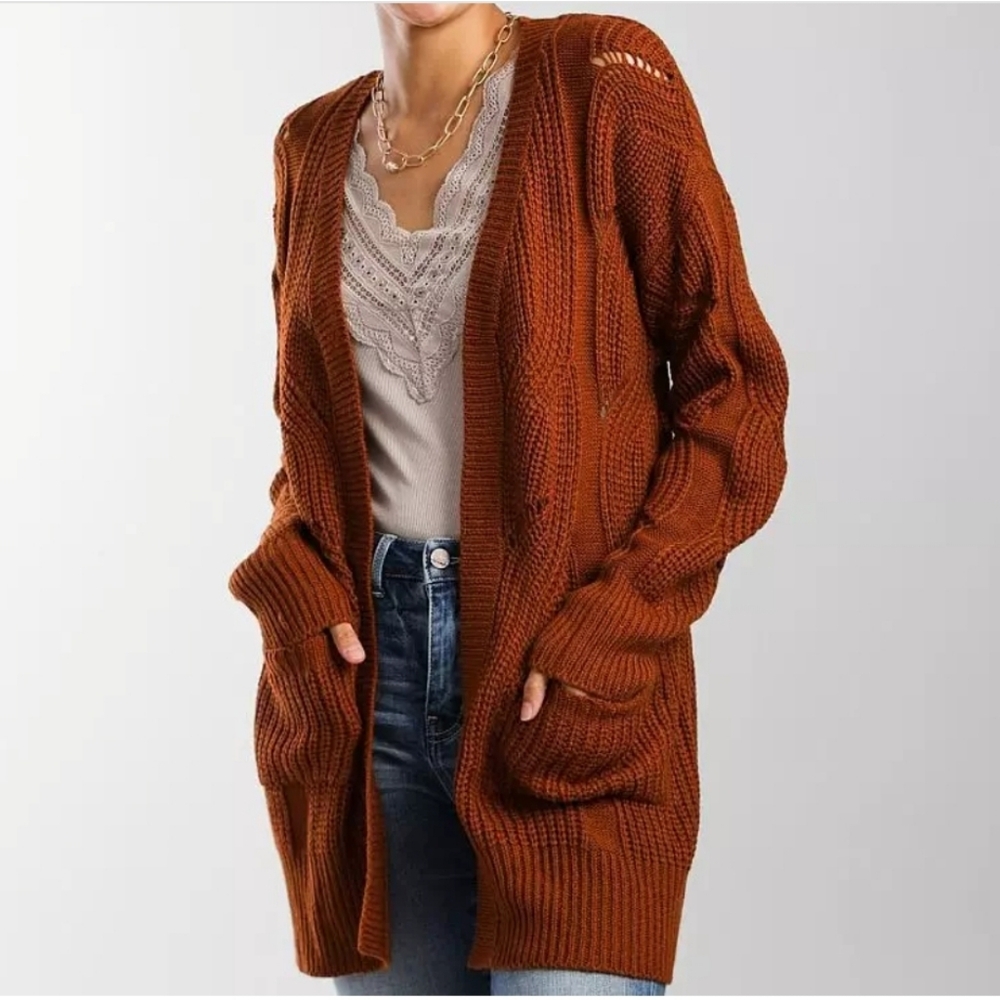 Daytrip Open Weave Pointelle Flyaway Cardigan Cable Knit Sweater Large
